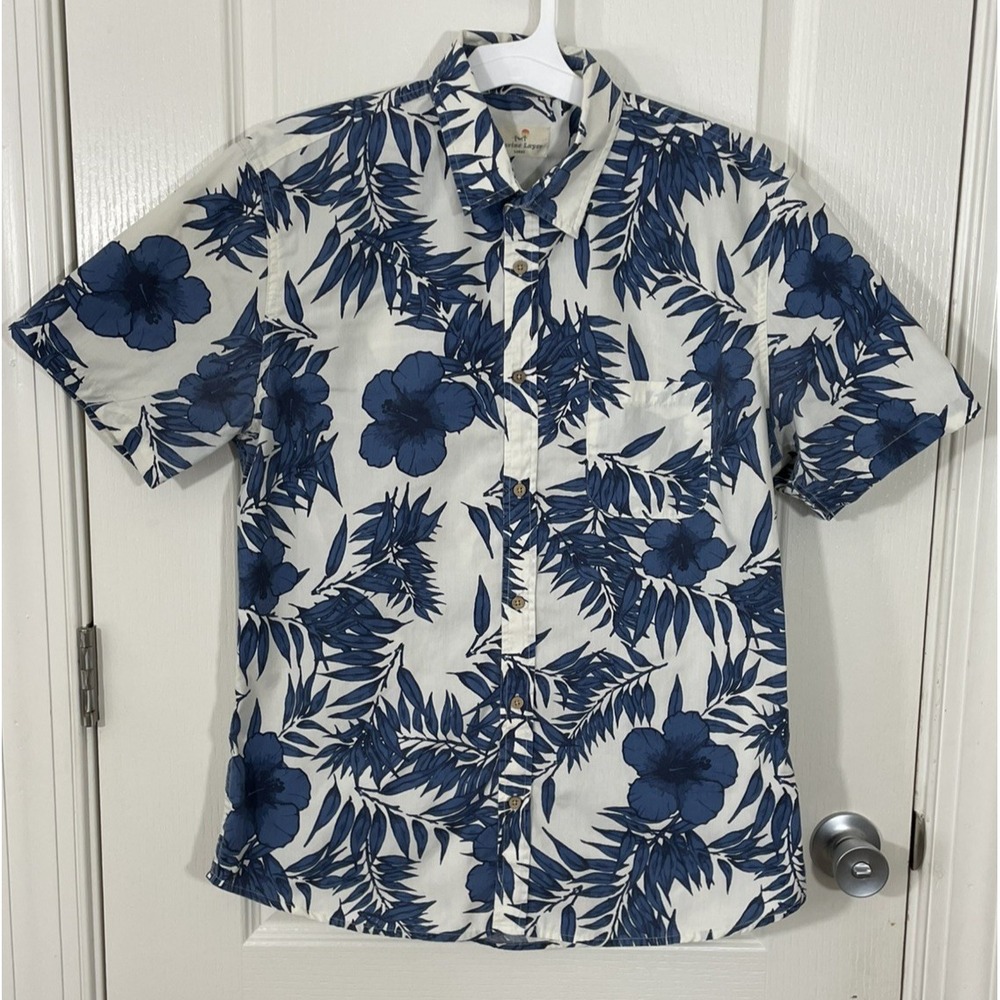 Marine Layer Shirt Mens Large Blue Floral Hawaiian Short Sleeve Button Up Casual